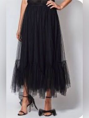 Black Pleated Tulle Midi Fairycore Skirt with Lace Trim - Size 44 (L)